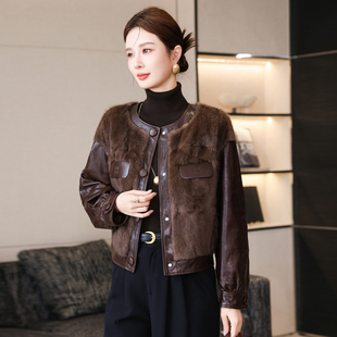 海宁真皮羽绒服女冬季新款时尚头层绵羊皮拼接青根貂皮草短款外套