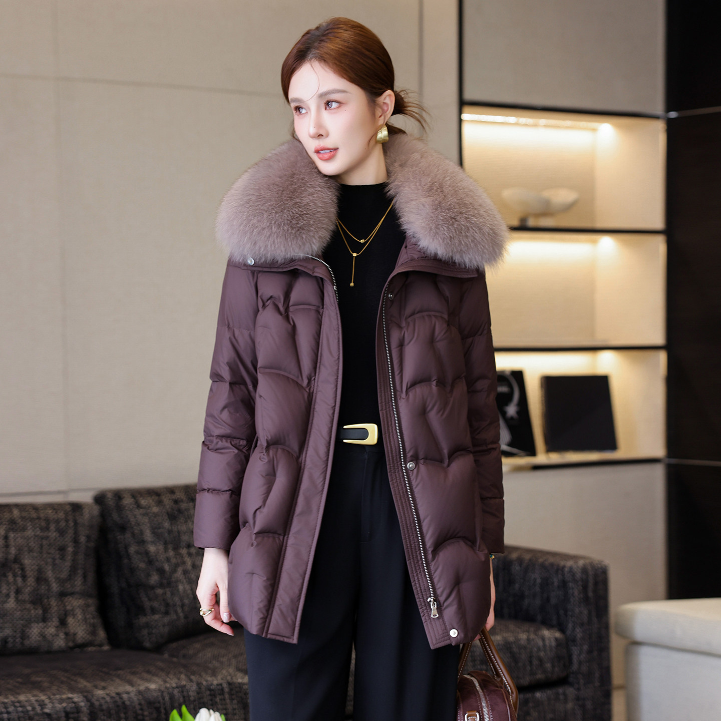 高端白鹅绒中长款羽绒服皮草外套