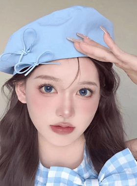 元气少女感布莱茵蓝色双蝴蝶结贝雷帽女生显脸小甜美可爱画家帽潮