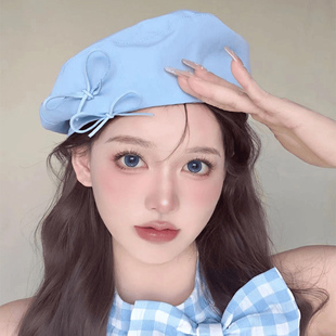 元气少女感布莱茵蓝色双蝴蝶结贝雷帽女生显脸小甜美可爱画家帽潮