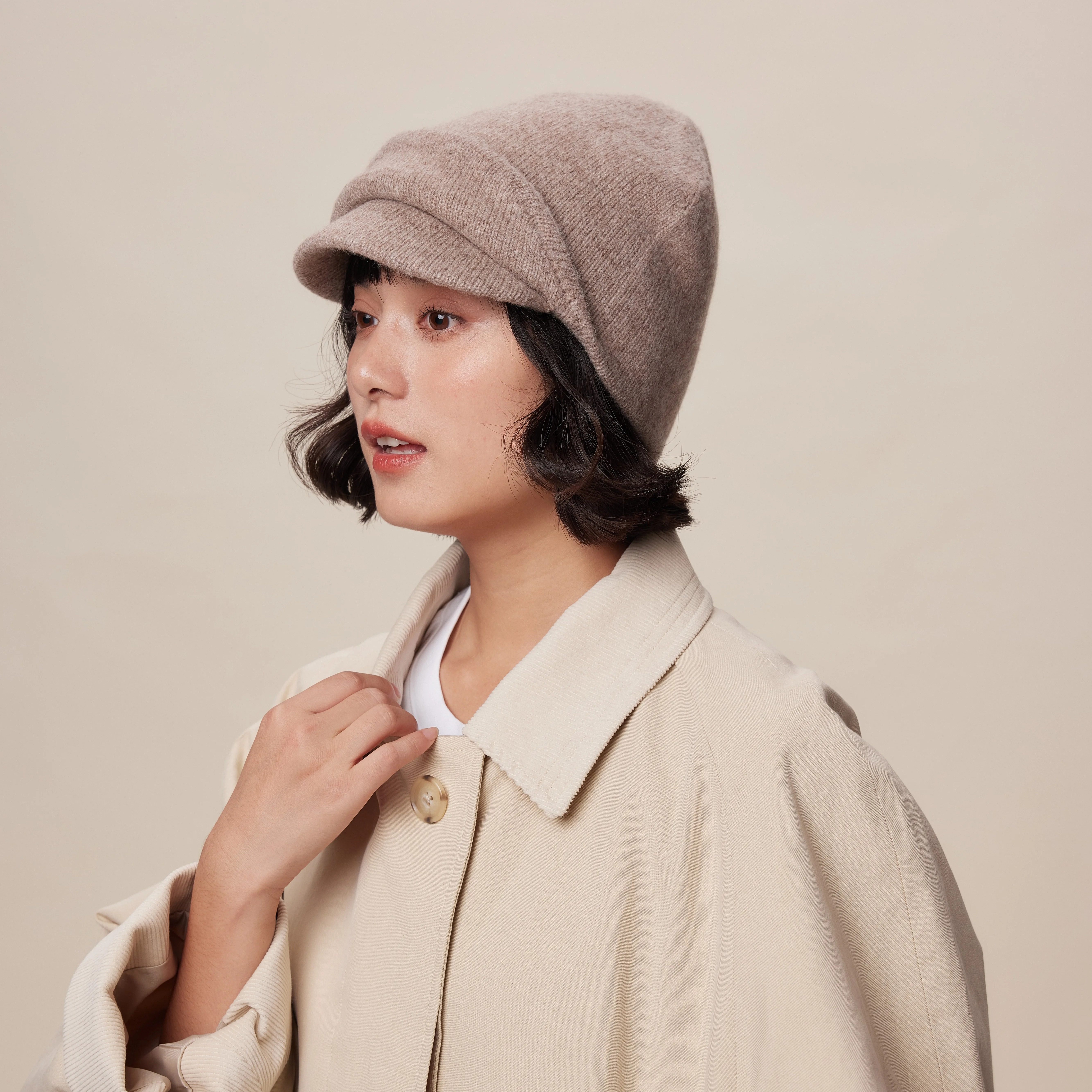 日系文艺复古纯色双帽檐针织帽女秋冬新款时髦百搭加厚保暖毛线帽