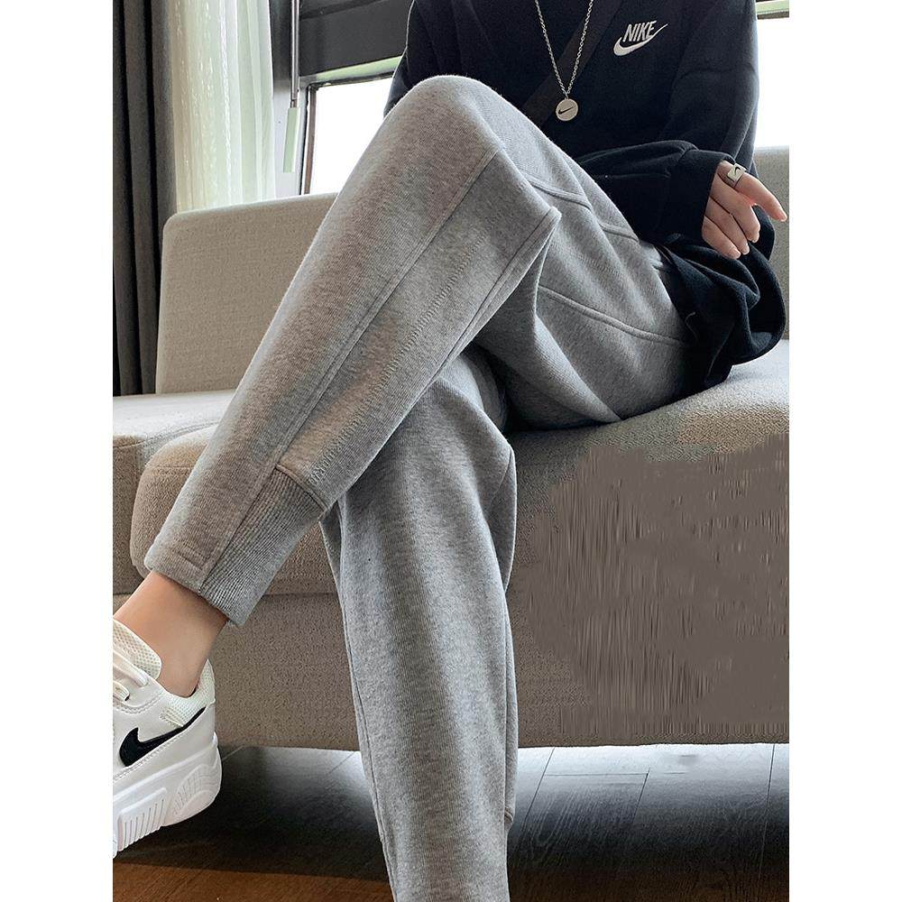 灰色运动卫裤女士秋冬小个子宽松九分哈伦裤高腰休闲直筒束脚长裤
