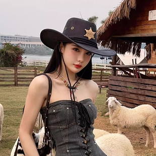 西部牛仔帽子女夏季 新疆西藏川西旅游穿搭骑士帽防晒帽子 2025新款