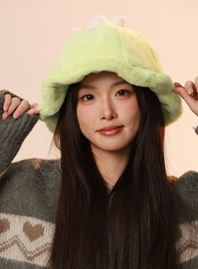 绿色皇冠毛绒渔夫帽子女秋冬季可爱保暖套头帽百搭显脸小保暖盆帽