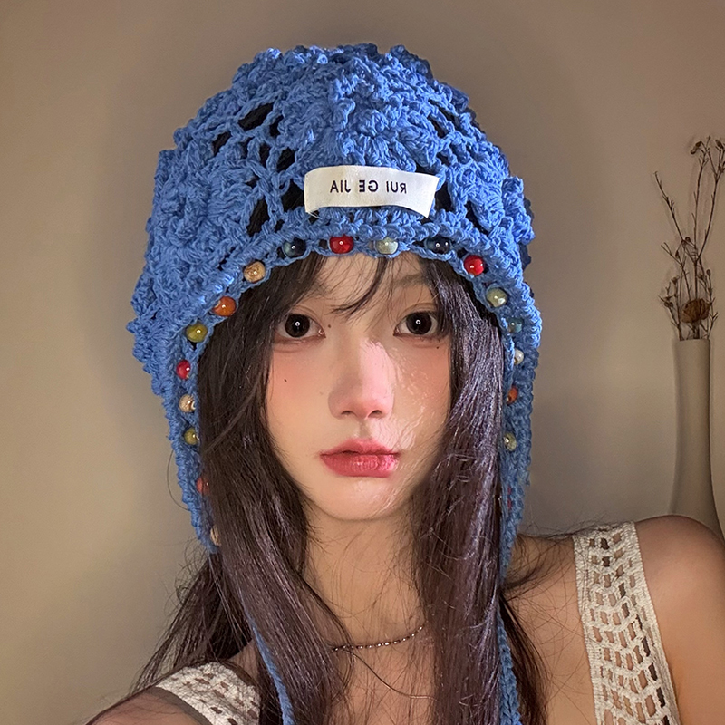 波西米亚花朵流苏包头帽女士薄款民族风针织帽钩花镂空帽子潮夏季