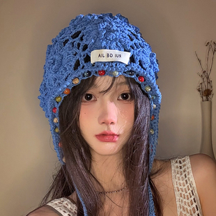 波西米亚花朵流苏包头帽女士薄款 民族风针织帽钩花镂空帽子潮夏季