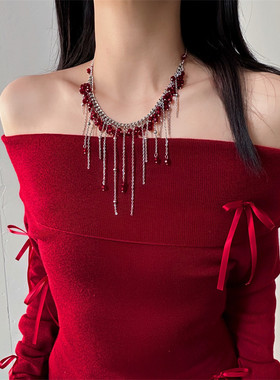 【明星同款】红色流苏珠链项链
