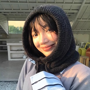 黑色巴拉克拉法帽子女士秋冬季 保暖针织帽毛线帽护耳帽子围巾一体