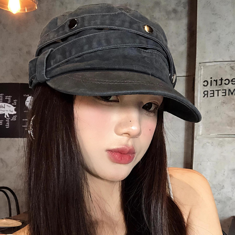 美式复古做旧铆钉平顶鸭舌帽女高级感文艺报童帽百搭显脸小棒球帽