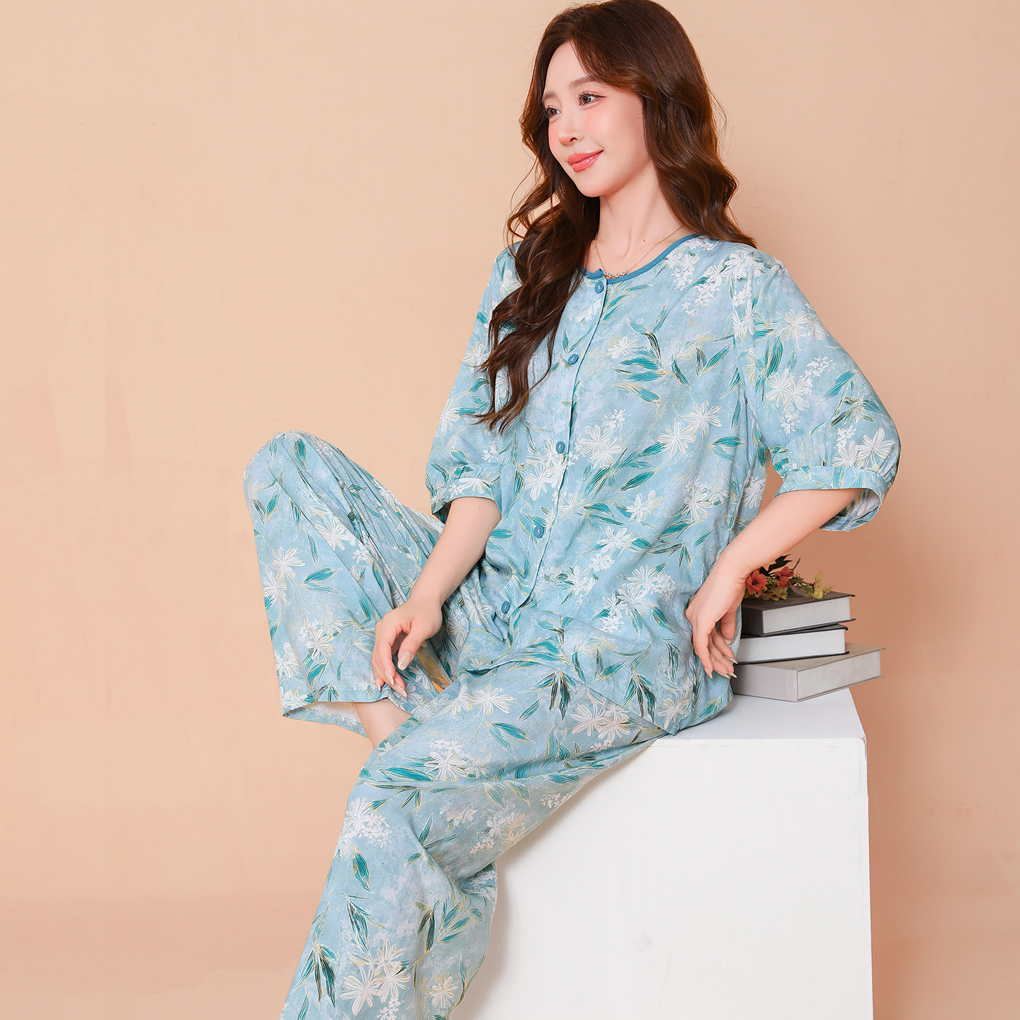 睡衣女夏中老年妈妈纯棉绸薄款女装中袖绵绸可外穿凉感家居服套装