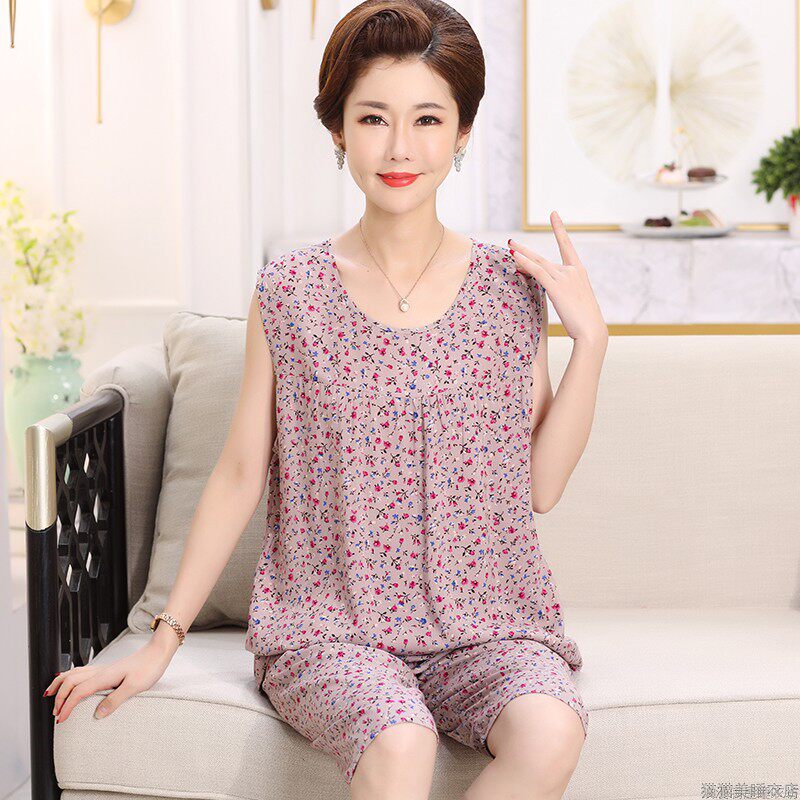 中老年睡衣女夏款纯棉绸妈妈装无袖背心大码绵绸可外穿家居服套装