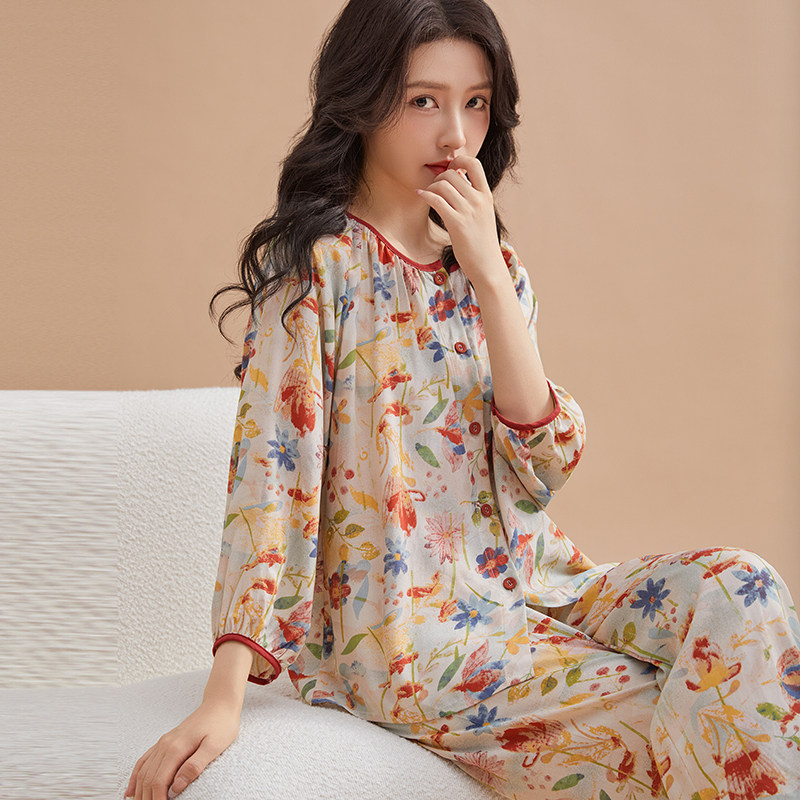睡衣女春秋纯棉绵绸长袖薄款空调服夏季时尚开衫可外穿家居服套装