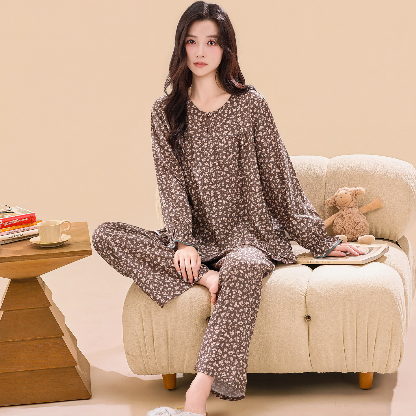 中老年妈妈睡衣女夏纯棉绸长袖复古风薄款绵绸休闲宽松家居服套装