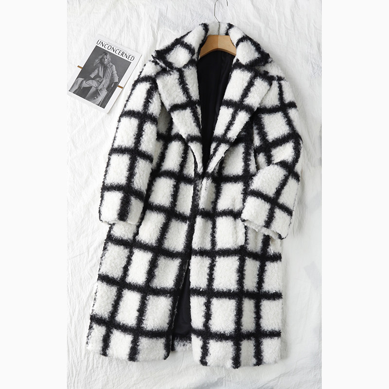 茂密绒感 人造羊羔毛女格纹宽松中长款大衣87955