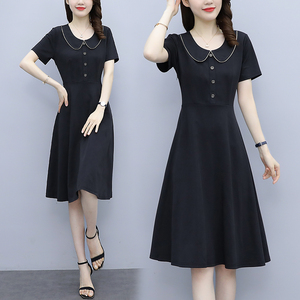 RM21265#夏季新款大码女装时尚洋气黑色修身显瘦短袖连衣裙