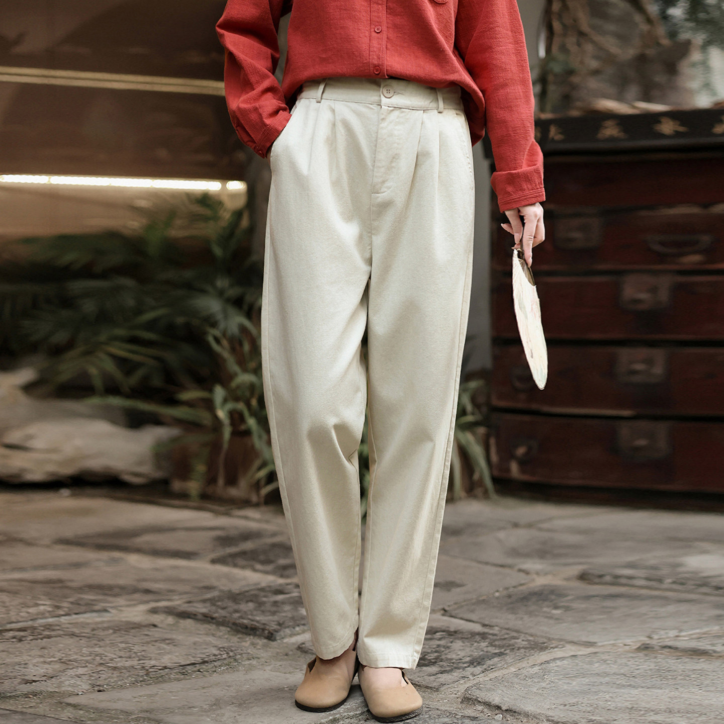 2026春季新款水洗棉萝卜裤女半松紧高腰显瘦收腿九分裤复古休闲裤