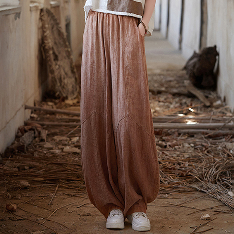 复古苎麻宽松灯笼裤女2025春秋新款棉麻手工扎染休闲显瘦直筒长裤