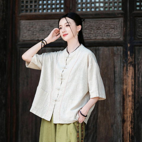 ZOWESFUN新中式衬衫女棉麻太极服
