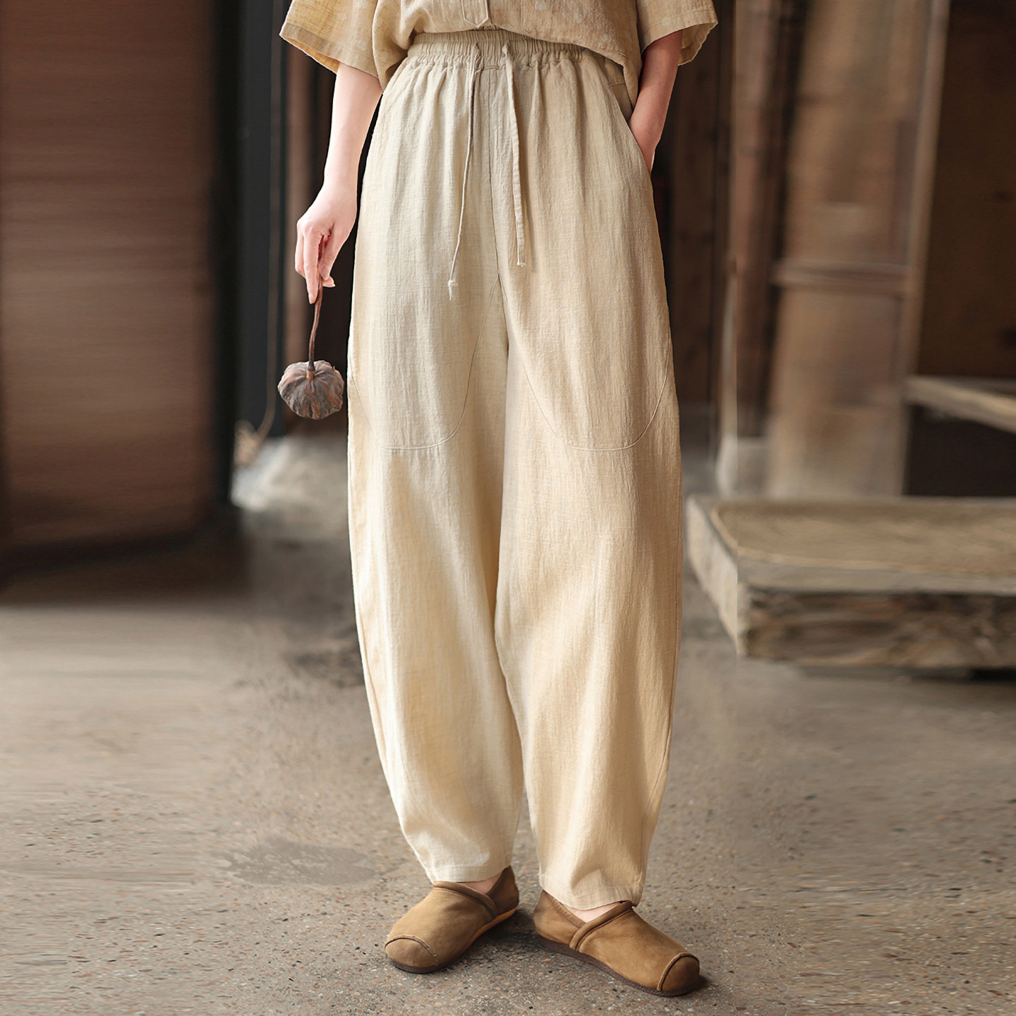2026春新款棉麻灯笼裤女苎麻休闲裤松紧腰垂感长裤显瘦禅修太极裤
