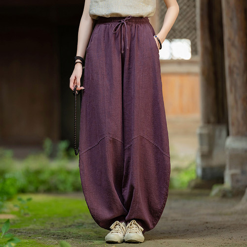 zowesfun复古高腰苎麻中式灯笼裤