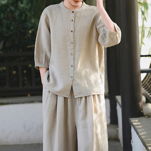 zowesfun新中式亚麻七分袖衬衫女
