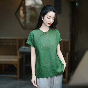 2025新款 亚麻复古新中式 女夏季 短袖 高端优雅上衣印花毛边T恤 小衫