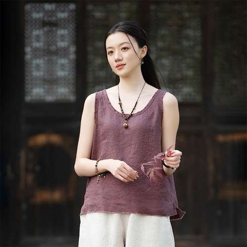 zowesfun亚麻复古宽松无袖背心女