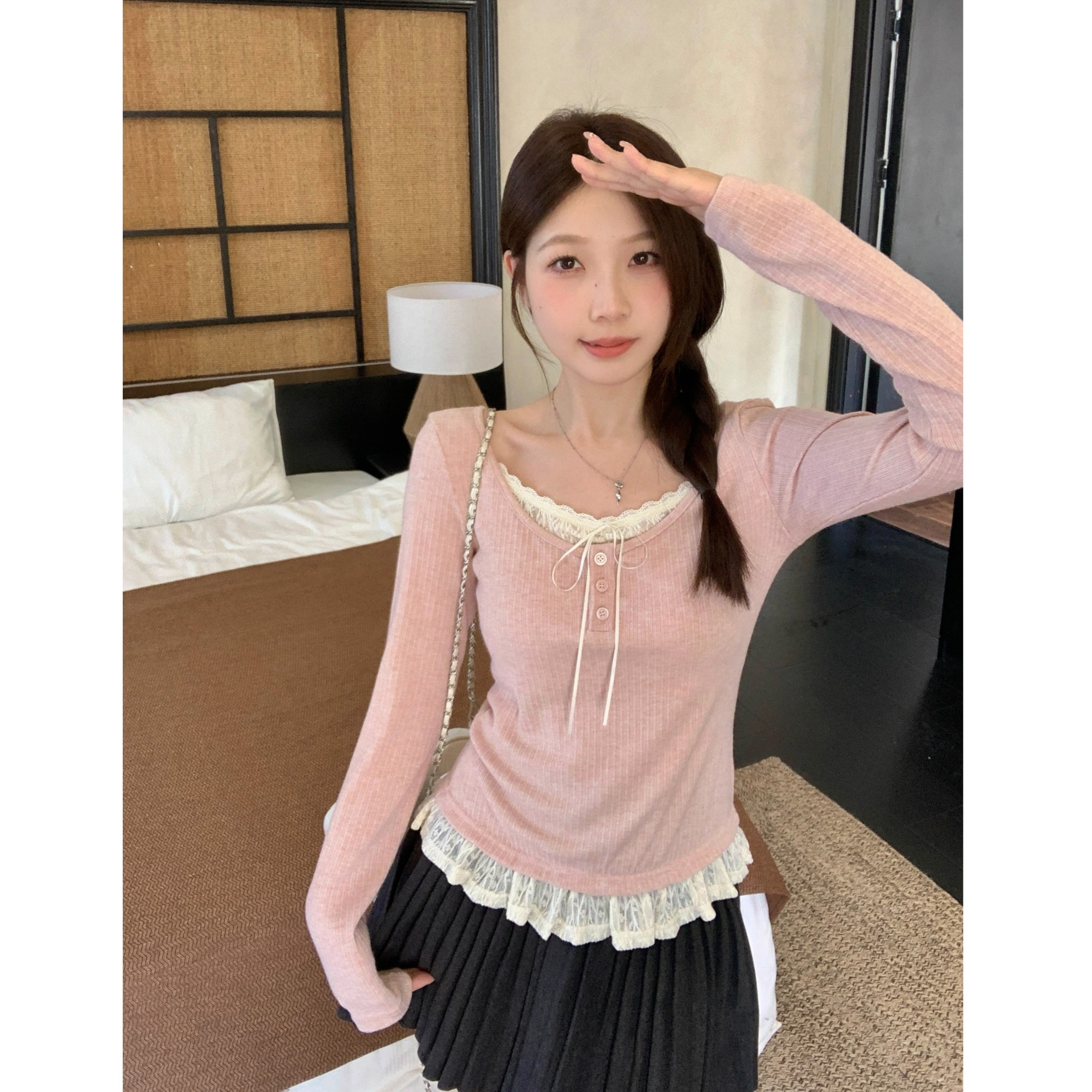 小吉家大码女装秋冬韩系纯欲氛围感蕾丝假两件长袖T恤百搭上衣女