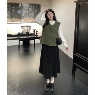 小吉家大码女装秋冬复古毛衣背心马甲设计感蕾丝打底衫半身裙套装