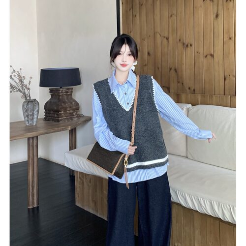 小吉家大码女装春季新款条纹时尚松紧腰衬衫灰色V领针织背心套装