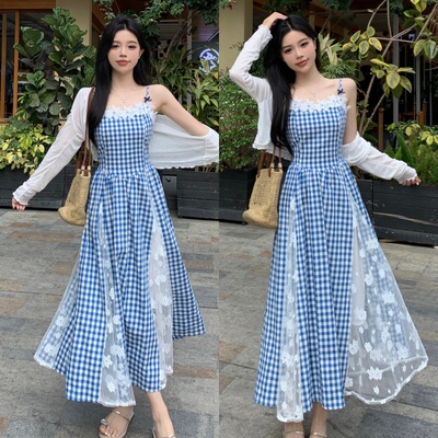 小吉家大码女装海底信筏格子蕾丝显白修身碎花吊带连衣裙气质长裙
