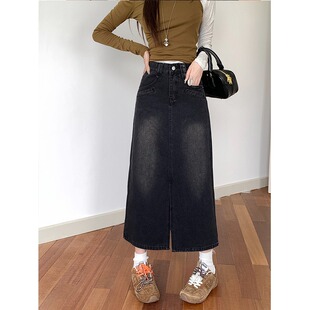 小吉家高腰开叉牛仔半身裙女秋季 a字包臀裙子 胖mm遮肉显瘦中长款