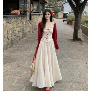 开衫 胖mm度假风印花吊带上衣大摆半身裙长袖 三件套 女装 小吉家大码