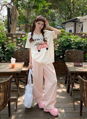 小吉家大码女装夏季可爱印花T恤松紧腰纯色裤套装夏季松弛感套装