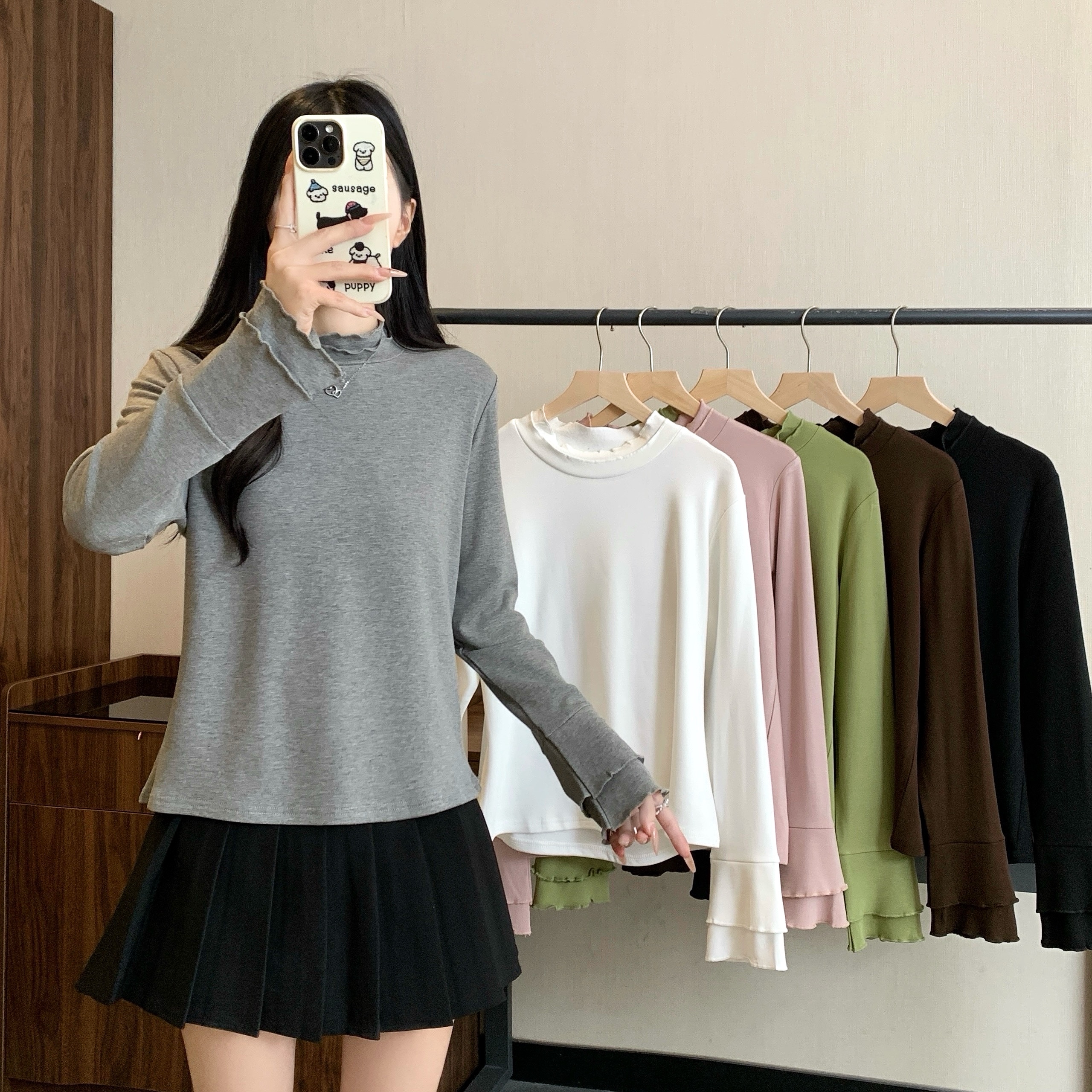 小吉家大码女装秋冬新款木耳边半高领长袖磨毛上衣显瘦打底T恤女