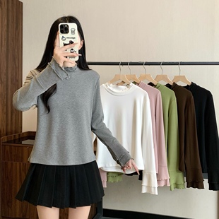 木耳边半高领长袖 秋冬新款 磨毛上衣显瘦打底T恤女 女装 小吉家大码