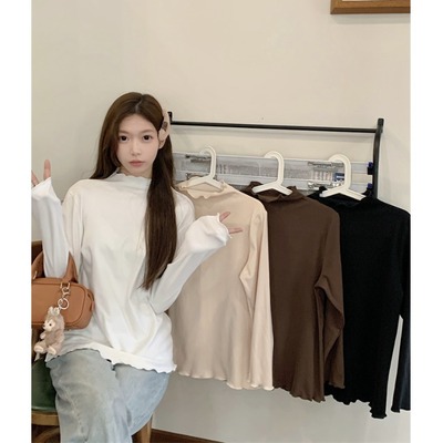 小吉家大码女装半高领德绒打底衫女秋冬宽松内搭长袖木耳边上衣潮