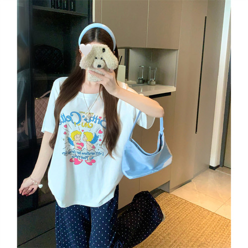 小吉家大码女夏季胖mm正肩纯棉短袖丘比特小天使印花宽松T恤上衣