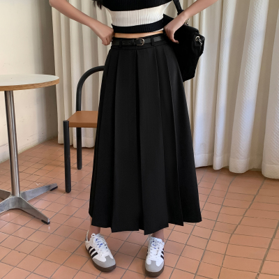 小吉家大码女装学院风高腰百褶西装裙女黑色显瘦遮胯百搭A字裙子