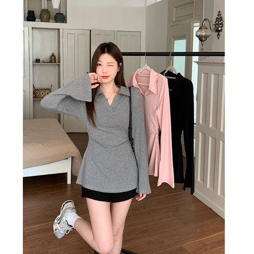 小吉家大码女装春装新款胖mm收腰显瘦v领设计感喇叭袖T恤长袖上衣