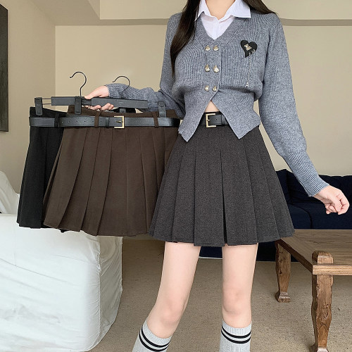 小吉家大码女装韩版毛呢百褶裙防走光短裙秋冬新款高腰a字半身裙