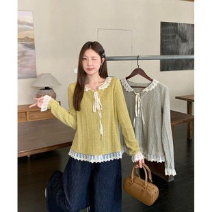胖mm甜美系带蝴蝶结蕾丝花边长袖 小吉家大码 新款 秋季 针织上衣 女装