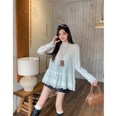 小吉家大码女装秋冬新款设计感重工蕾丝花边半高领内搭上衣打底衫