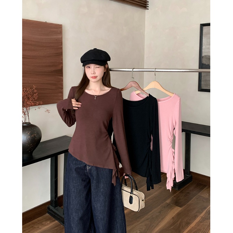 小吉家大码女装秋装新款胖mm纯欲荷叶边不规则收腰显瘦长袖T恤女
