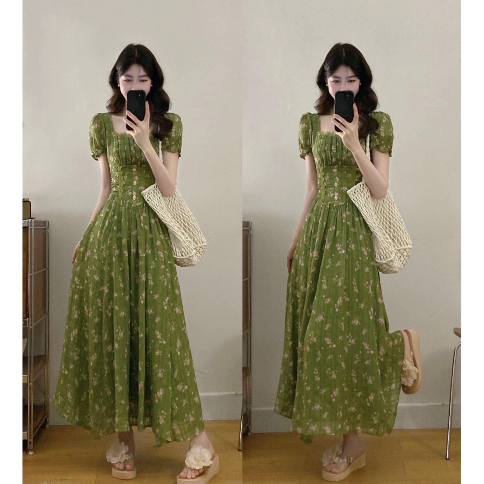 小吉家大码女装胖mm法式复古设计感印花方领花边高腰显瘦连衣裙女