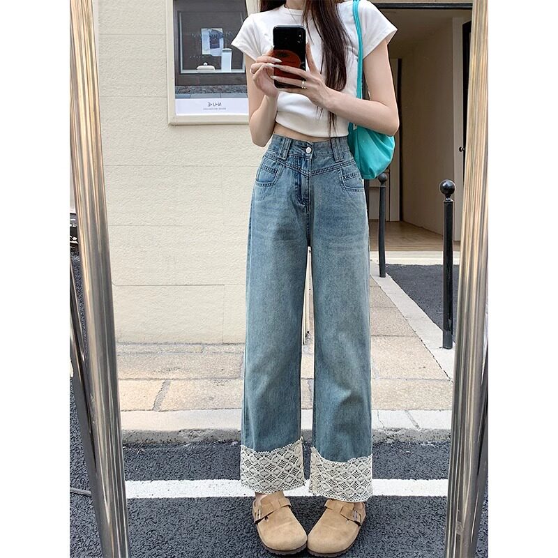 小吉家大码女装蕾丝花边高腰直筒牛仔裤春夏季韩版拼接九分阔腿裤