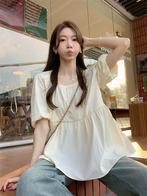 小吉家大码女装法式甜美方领衬衫夏季独特别致宽松显瘦泡泡袖上衣