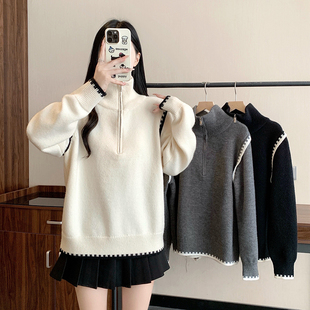 小吉家大码女装冬季半拉链高领毛衣拼接加厚保暖针织衫显瘦毛衣女