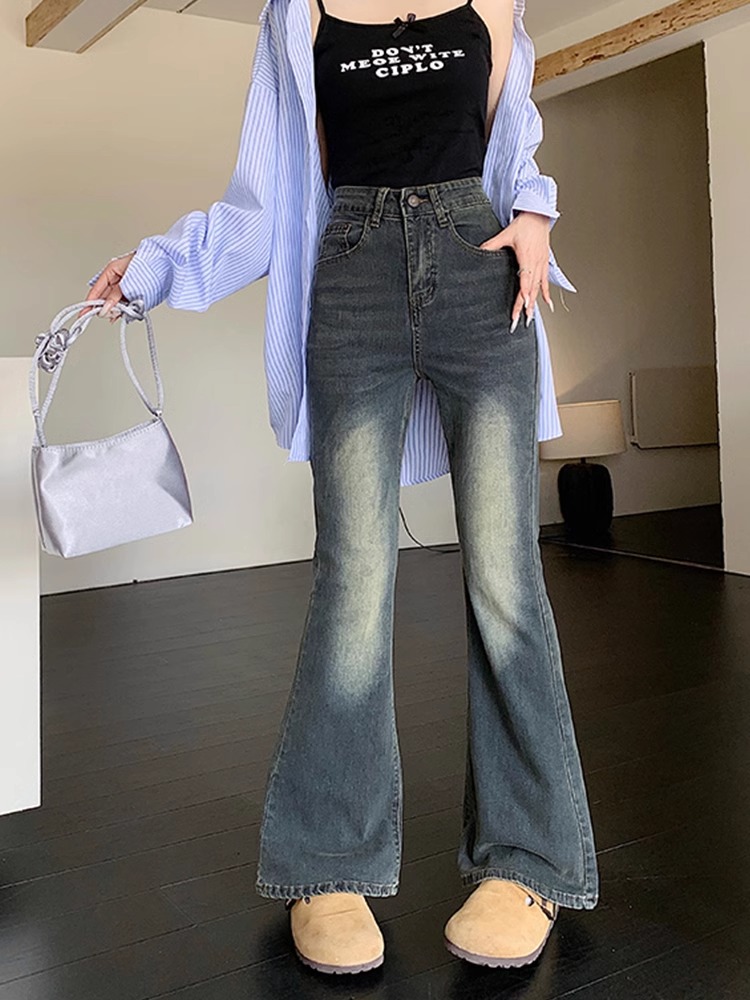 小吉家大码女装美式辣妹微喇牛仔裤秋季高腰弹力修身显瘦拖地裤子