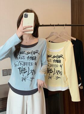 小吉家大码女装2025春装新款胖mm撞色拼接假两件字母印花长袖T恤